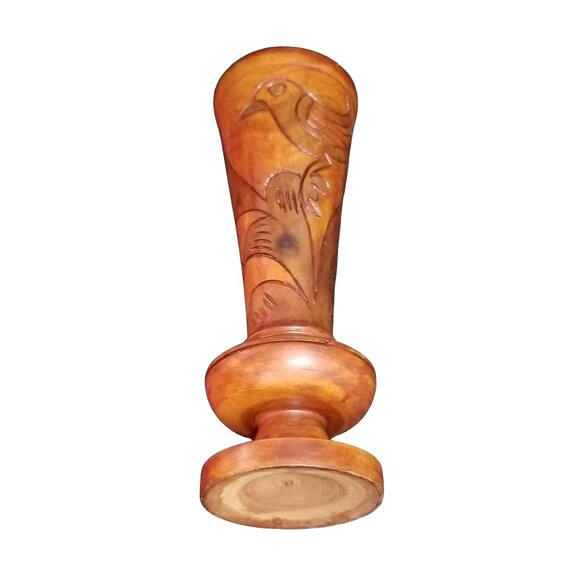Hand-Carved Vintage Wooden Vase With Bird & Floral Design - Picture 5 of 10